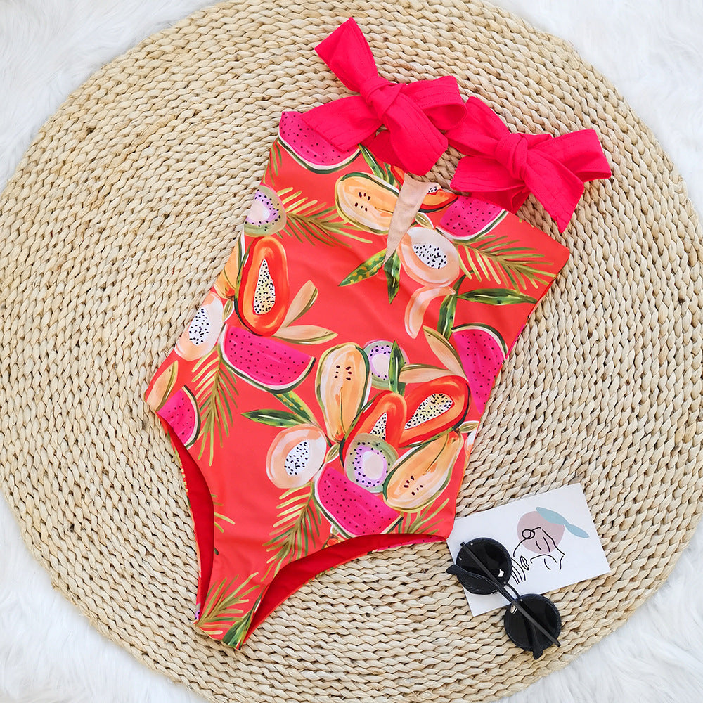 Traje de baño de una pieza con costura de malla tropical