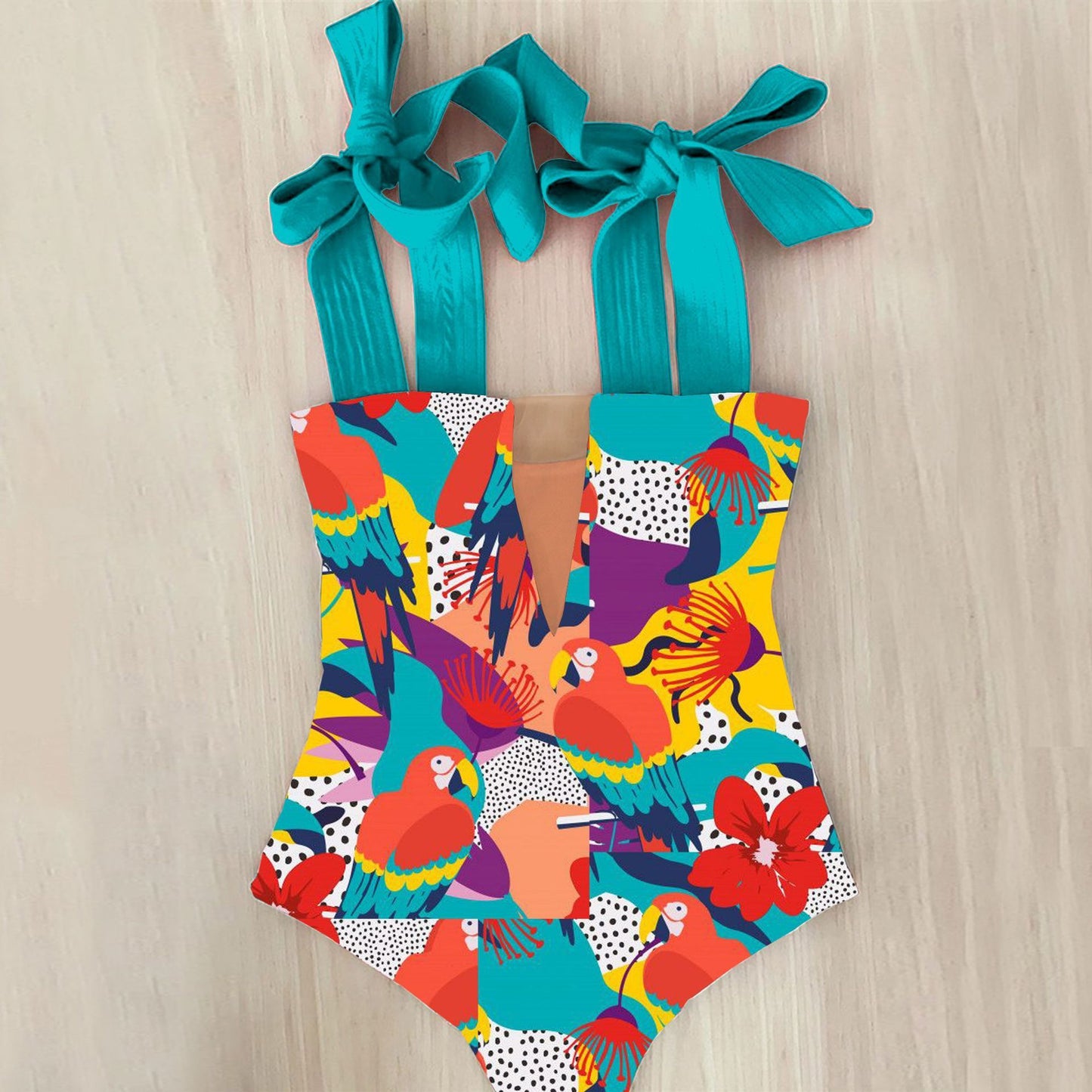 Traje de baño de una pieza con costura de malla tropical