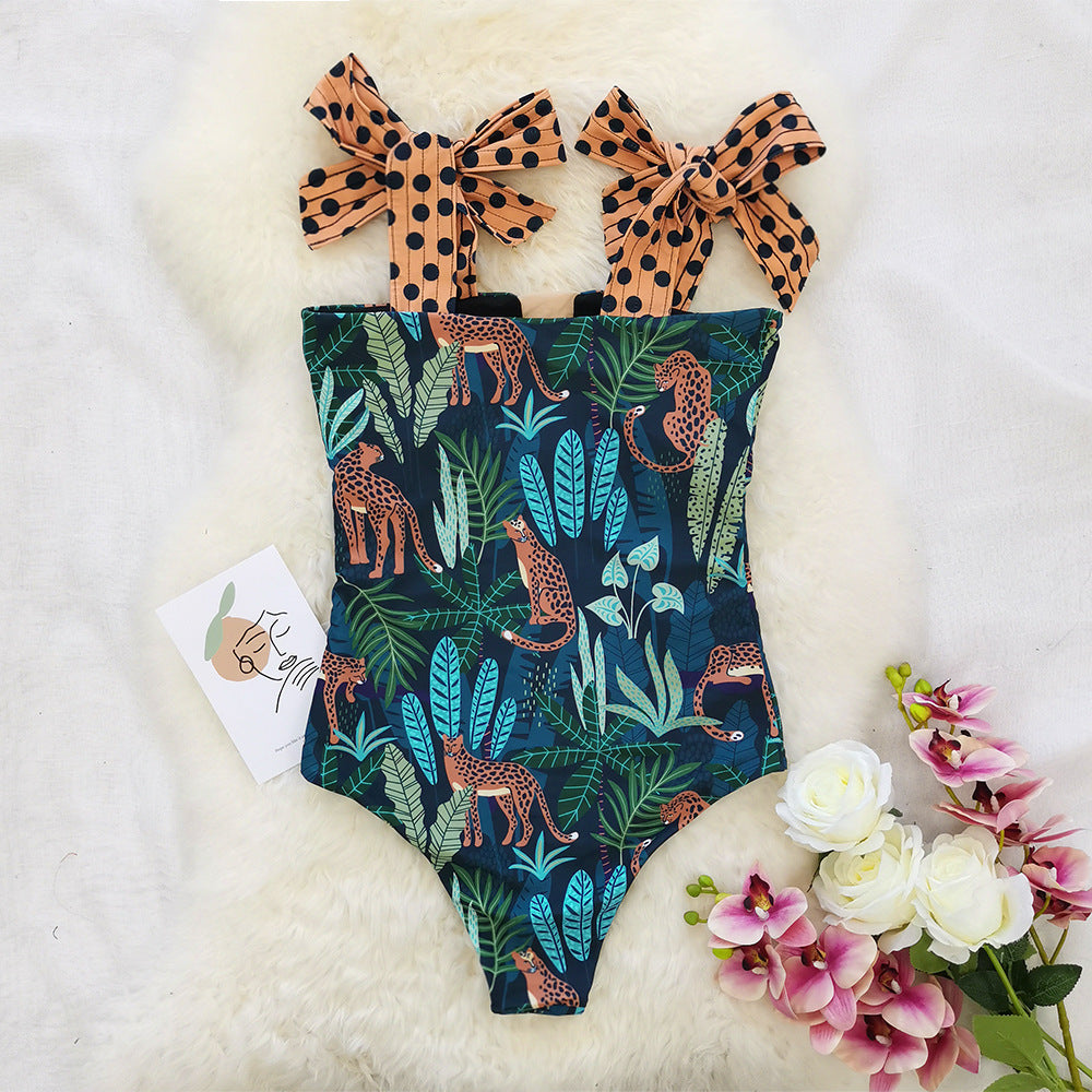 Traje de baño de una pieza con costura de malla tropical
