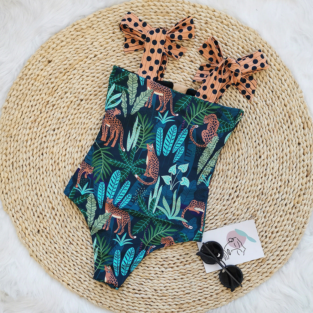 Traje de baño de una pieza con costura de malla tropical