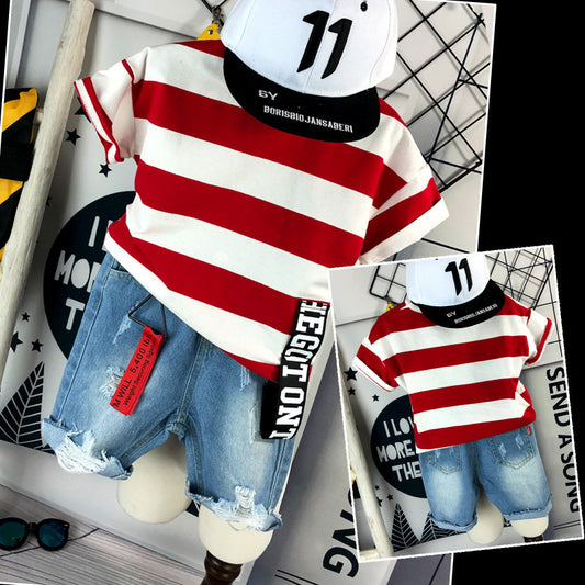 Boys' Short Sleeve Red Striped Set